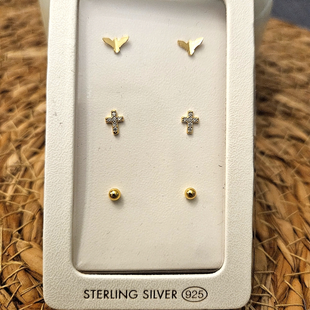 LOVISA Goldplated Sterling Silver 925 Earrings Set Cross Bird Ball Stud